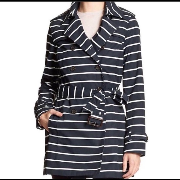 Banana Republic navy & white striped trench coat. - Picture 2 of 6